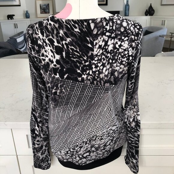 Joseph Ribkoff Lg Slv V Neck Layered Abstract Print Flowy Top Blk Grey Wht Sz 2 - Picture 5 of 10